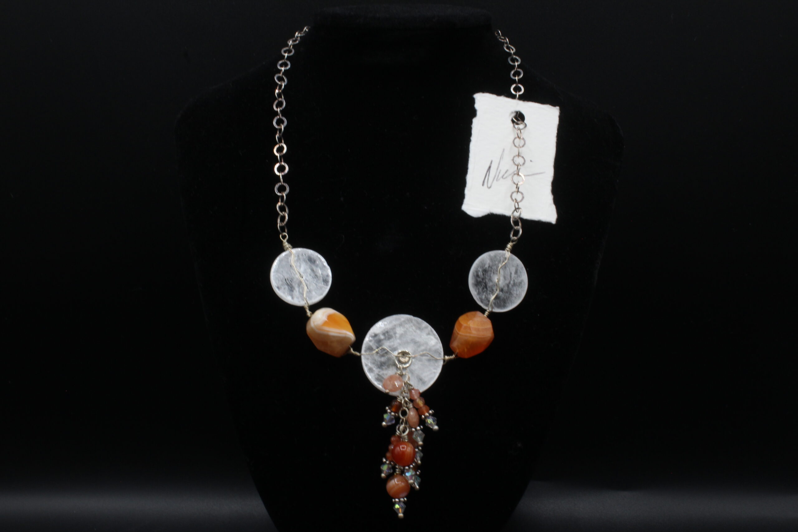 Cascade Selenite with Carnelian Banded Agate & Sun Stone Necklace